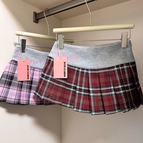 American Retro Floral Gingham Half-Skirt for Girls Summer Embroidered Patchwork Fashion High-Waist Pleated Skirt Short Skirt