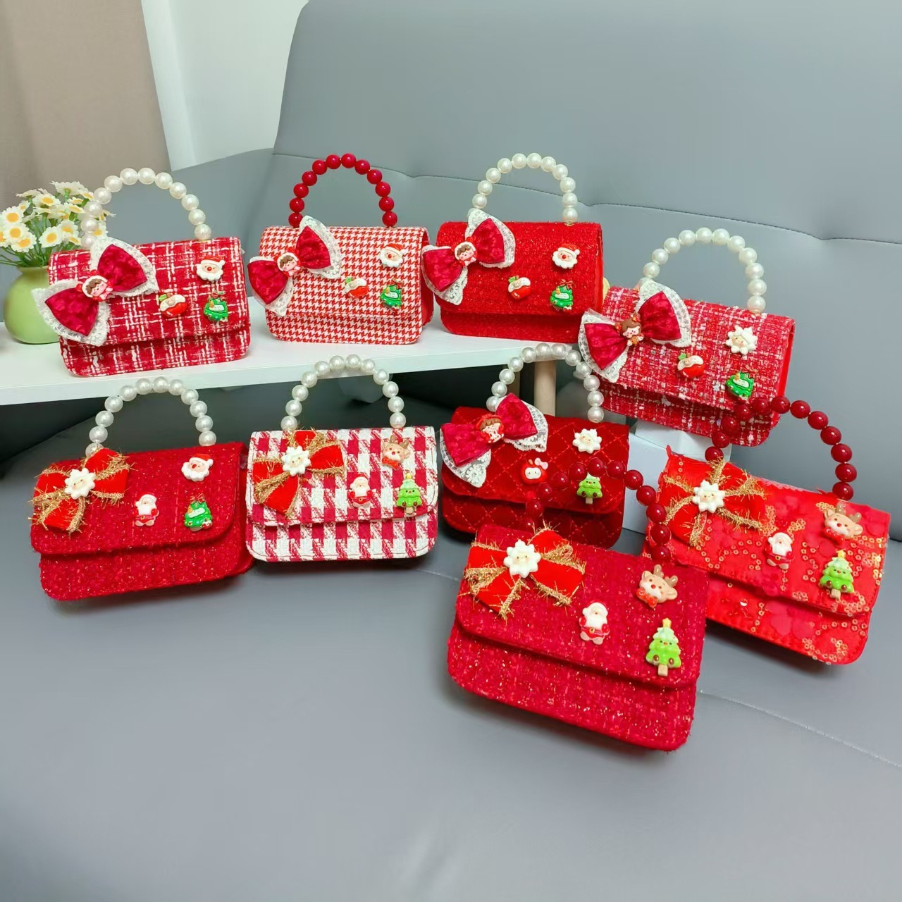 Cartera de Año Nuevo rojo arco de papá Noel bolso de perla pequeña cadena de viento fragante bolso de hombro