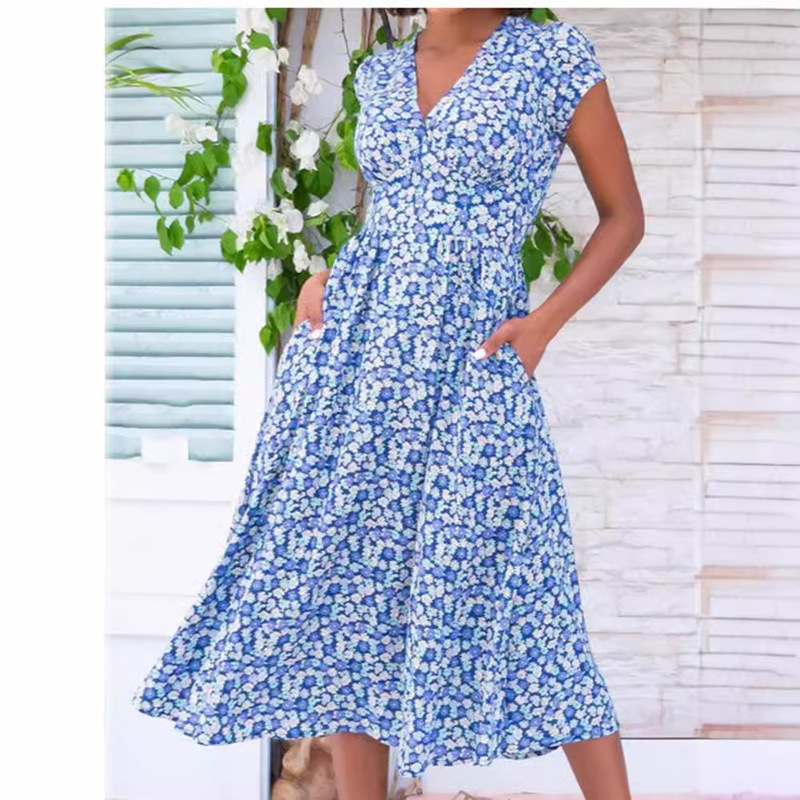 Cross-Border European and American Export Women's Clothing Amazon Wish Popular Printed Flap Pocket Pants Bohemian V Neck Dress [Ready in Stock