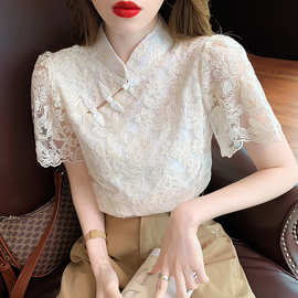 蕾丝短袖夏季新款中国风设计感小众中式刺绣法式时尚气质名媛