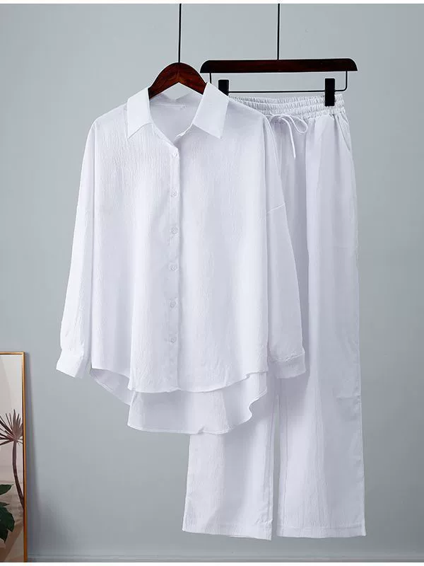 Amazon трансграничная весенне-осенняя свободная повседневная рубашка большого размера из хлопка и льна однотонная рубашка широкие брюки спортивный костюм легкий вес