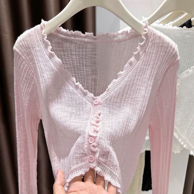 French-Style Solid Color Lace Collar New Cardigan for Women, Summer Outerwear, Air Conditioning Shirt, Versatile Thin Short Top French-Style Solid Color Lace Collar New Cardigan for Women, Summer Outerwear, Air Conditioning Shirt, Versatile Thin Short Top