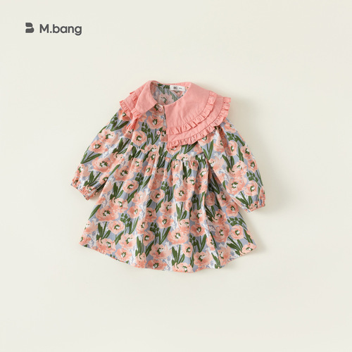 babycity girls spring petal collar floral skirt sweet long-sleeved dress pink girls skirt CY23054