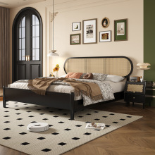北欧实木藤编床现代简约卧室侘寂复古风黑色床法式中古1.8m双人床