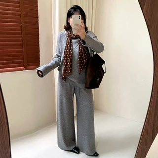 胖mm连帽假两件上衣阔腿裤针织套装2026冬大码休闲两件套女25287