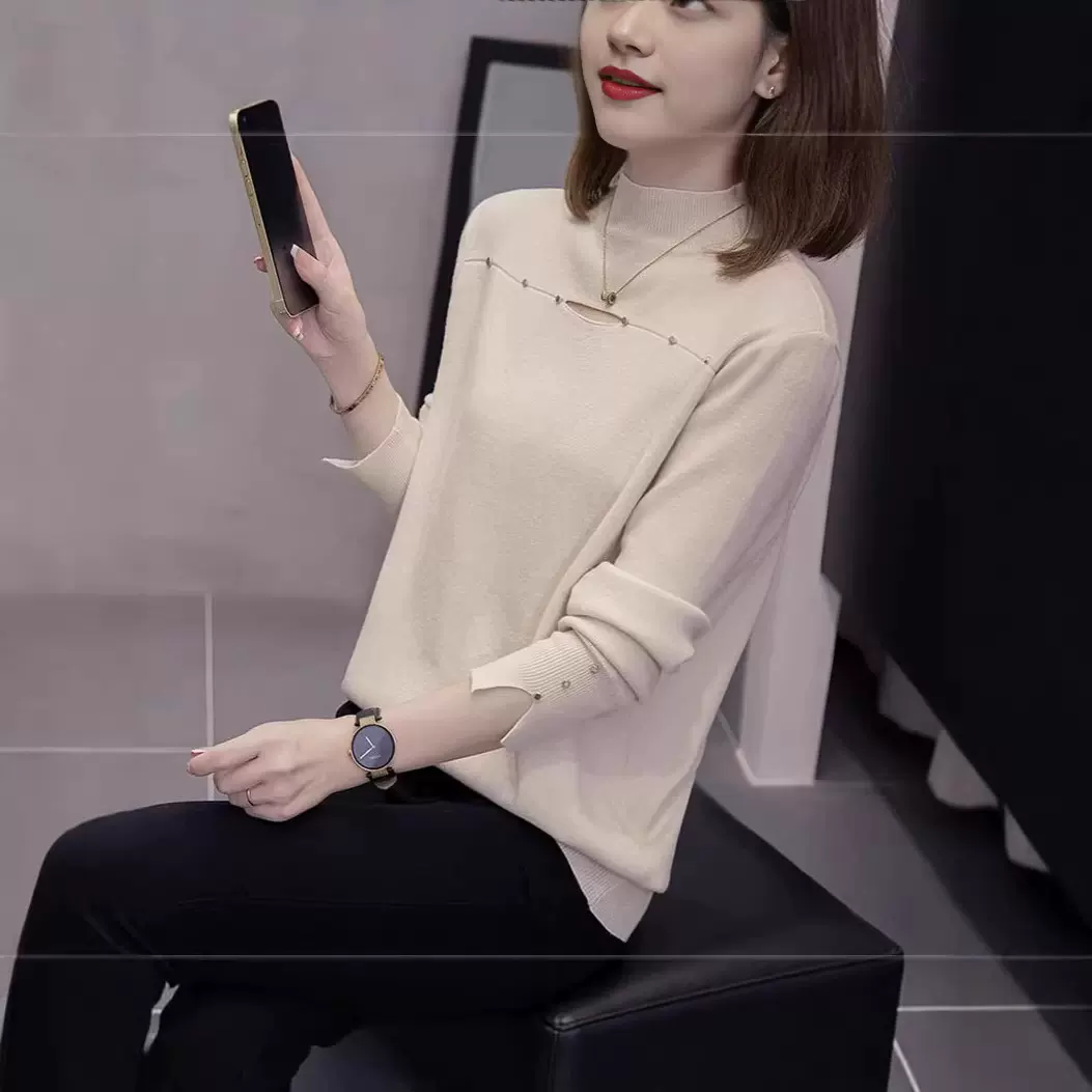 大码女装半高领镂空长袖针织衫春秋季减龄内搭毛衣遮肚子打底衫