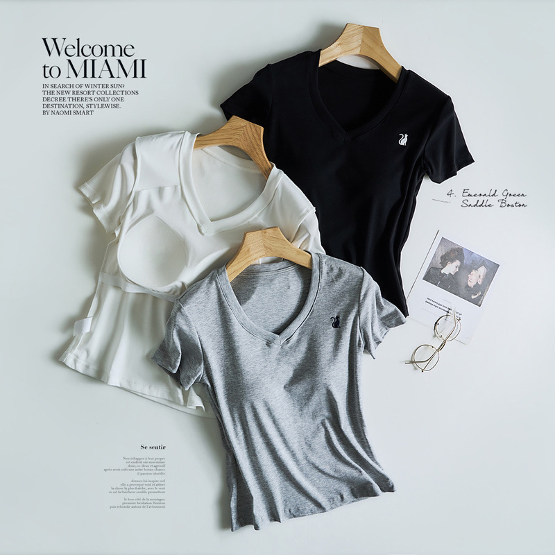 Lyocell Cotton Regular Shoulder Top with Chest Pads, V-Neck Slim-Fit Short-Sleeve T-Shirt for Women, New Summer Style, Niche Embroidery, Casual Solid Color