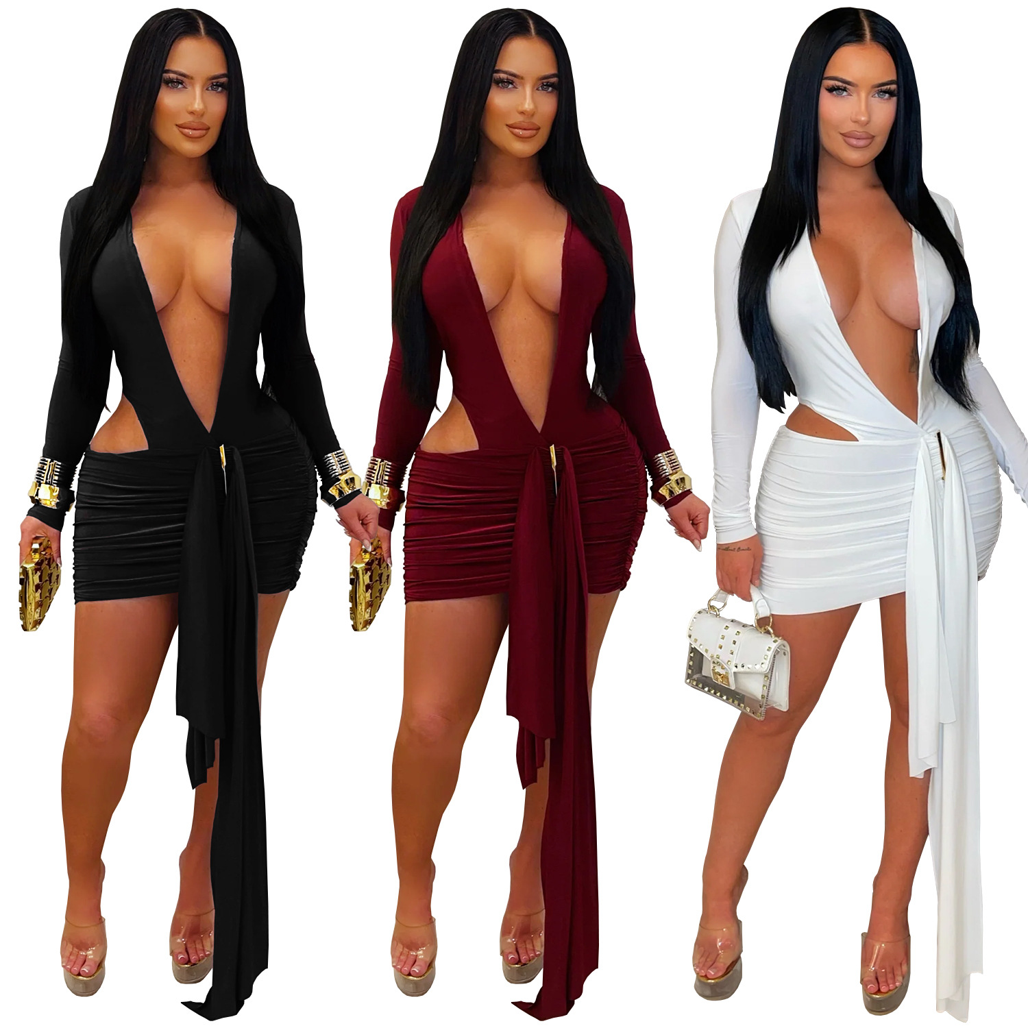 C7607 cross-border AliExpress Amazon Europa y América ropa de moda femenina sexy oscura V vestido de correa de color sólido vestido corto nuevo image 6