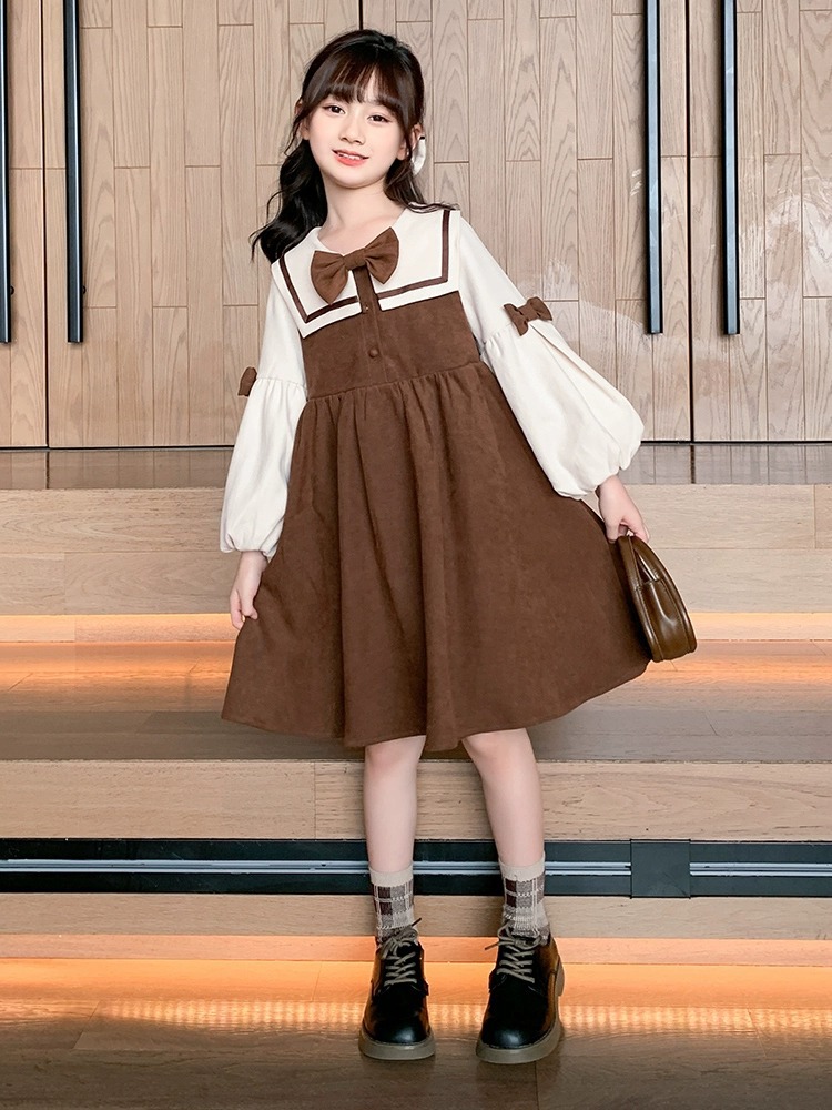 Girls' Fashion New Middle Big Children's Girls Corduroy Princess Dress Long sleeved Western Autumn and_voghion.com