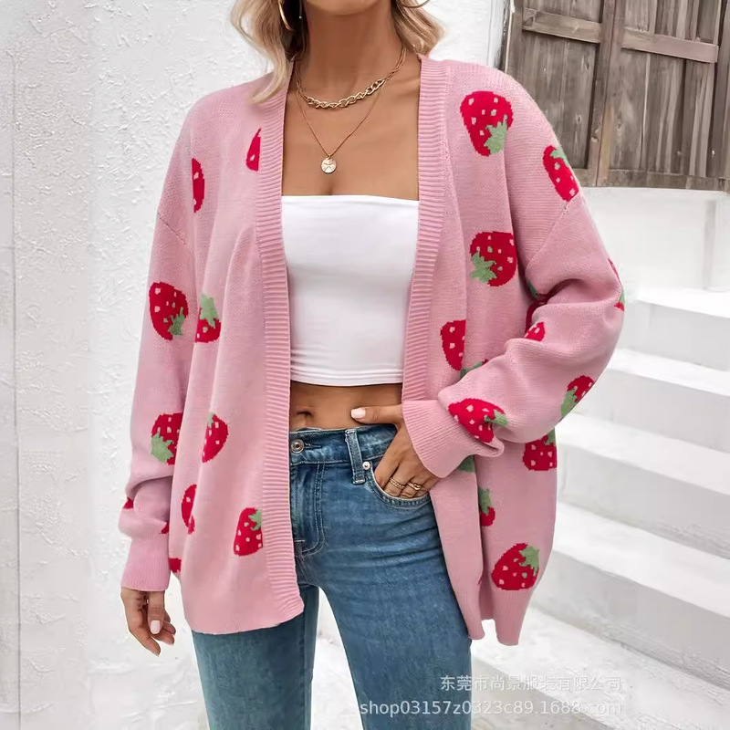 26Tk Amazon Temu Cross-Border Strawberry Jacquard Long-Sleeve Cardigan Elegant Knit Color-Blocking Valentine's Day Loose Fit 26Tk Amazon Temu Cross-Border Strawberry Jacquard Long-Sleeve Cardigan Elegant Knit Color-Blocking Valentine's Day Loose Fit
