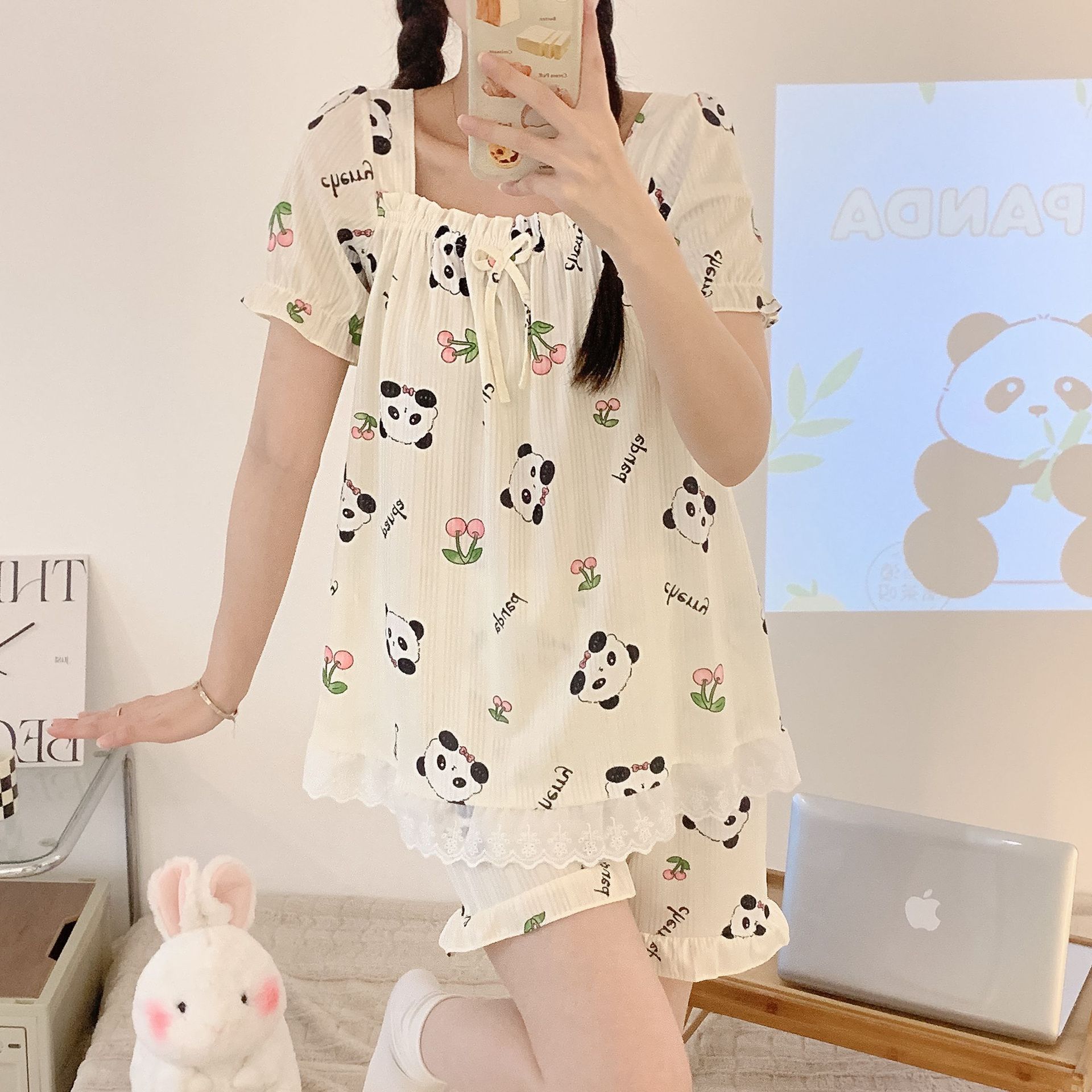 Tronos de algodón de imitación de verano al por mayor transfronterizos, pantalones cortos de manga corta con cuello de una línea, pijamas, tumba de princesa femenina, traje de dibujos animados, servicio a domicilio