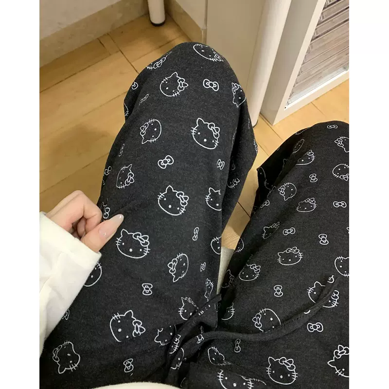 kitty猫咪糯米裤印花裤子少女慵懒松弛感阔腿裤松紧腰抽绳遛弯裤
