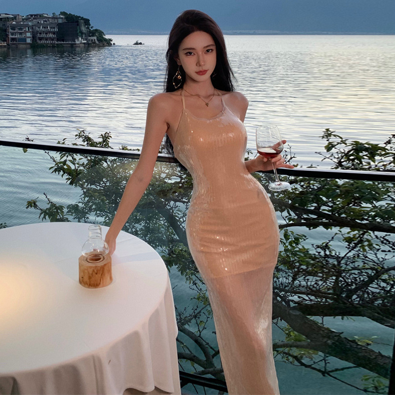 French-style elegant beach dress for vacation dress women's sequined photo shiny slim-fit birthday evening party dress