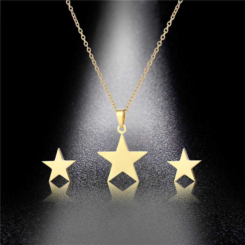 18K Golden Five-pointed Star Necklace Three-piece Set Star Stud Earrings Stainless Steel Small Set
