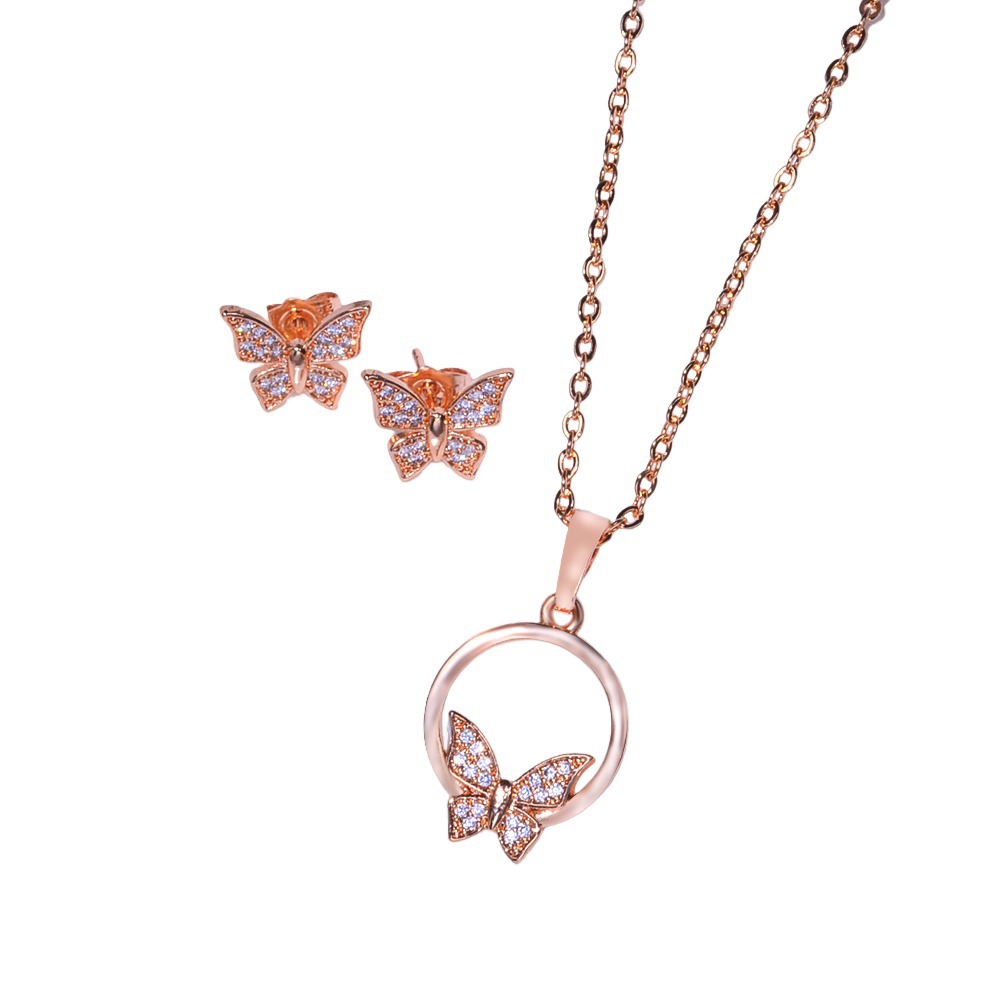 Selección transfronteriza conjunto de joyería para mujeres nueva moda mariposa diseño pendientes de zircon collar colgante dos piezas conjunto de joyería