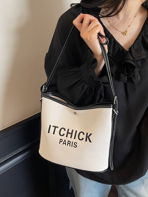 Transfronterizos de gran capacidad bolso de cubo portátil de tela de mujer impresión de letras de moda alta textura versátil mochila