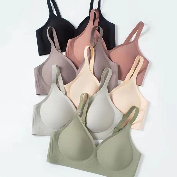 Correa de hombro pequeña, ropa interior de jalea de cuello en V, mujer sin marcas, sin anillo de acero, sujetador de colapsado, sujetador de copa fija.