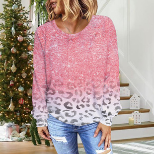 Foreign trade TEMU women's clothing new pink leopard print top European and American Foreign trade gradient round neck sweater Amazon Christmas 3D