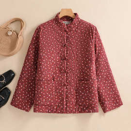 实拍2025冬季新款复古小碎花中国风立领对襟盘扣加厚保暖棉衣外套