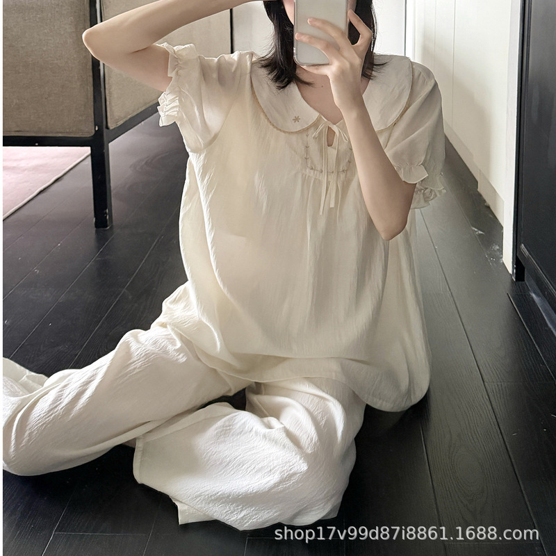 Pajamas for Women, Summer Silk and Linen Short-Sleeved Trousers, Sweet Doll Collar, Korean Style Embroidery, Large Size Loose-Fitting Home Wear Set Pajamas for Women, Summer Silk and Linen Short-Sleeved Trousers, Sweet Doll Collar, Korean Style Embroidery, Large Size Loose-Fitting Home Wear Set