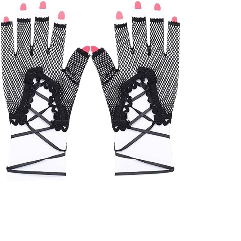 Guantes de red de pesca sexy de mujer corta guantes de medio dedo elásticos negros guantes de juego de rol de ópera
