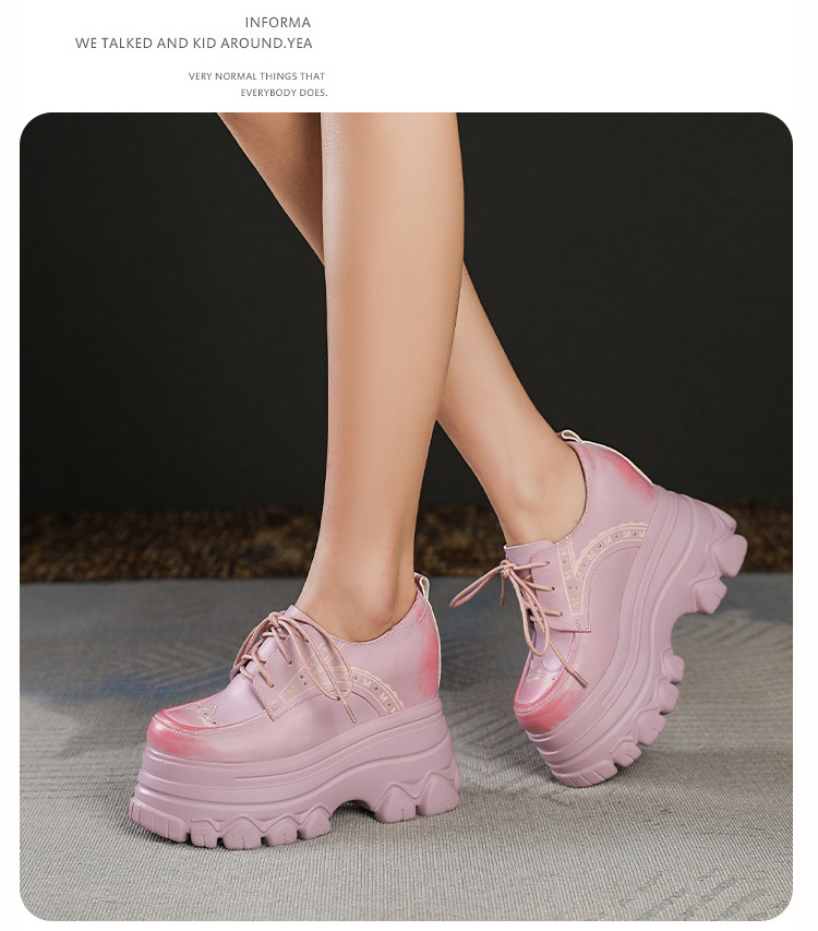 Giày sneaker nữ đế dày phong cách Anh quốc cổ điển, dây buộc, gót 12 cm — màu nâu chi tiết 4
