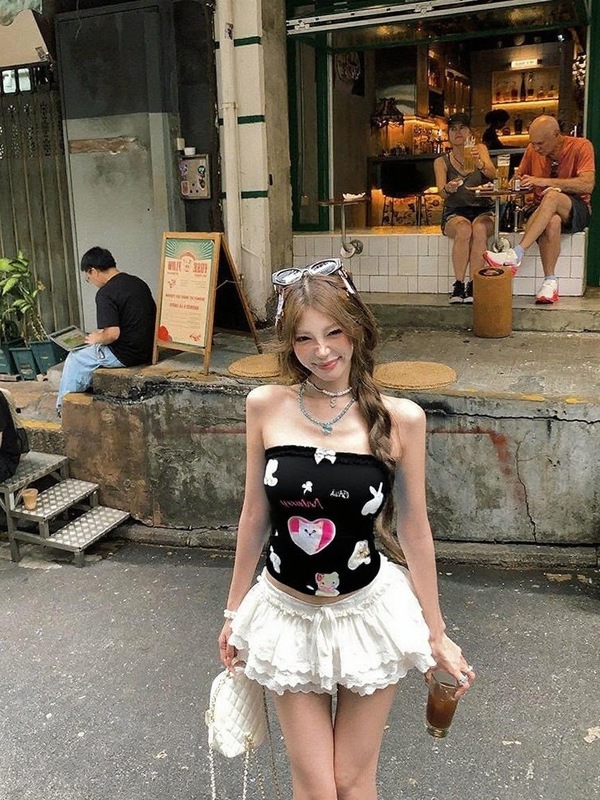 10149#夏季新款甜美辣妹卡通印花一字围修身固定带胸垫内加防滑条|undefined