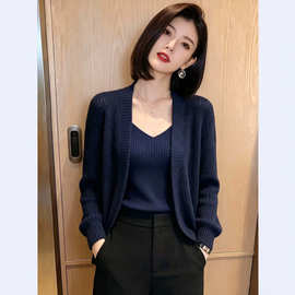 蓝色V领针织开衫2026秋季新款今年流行爆款长袖宽松百搭女装上衣