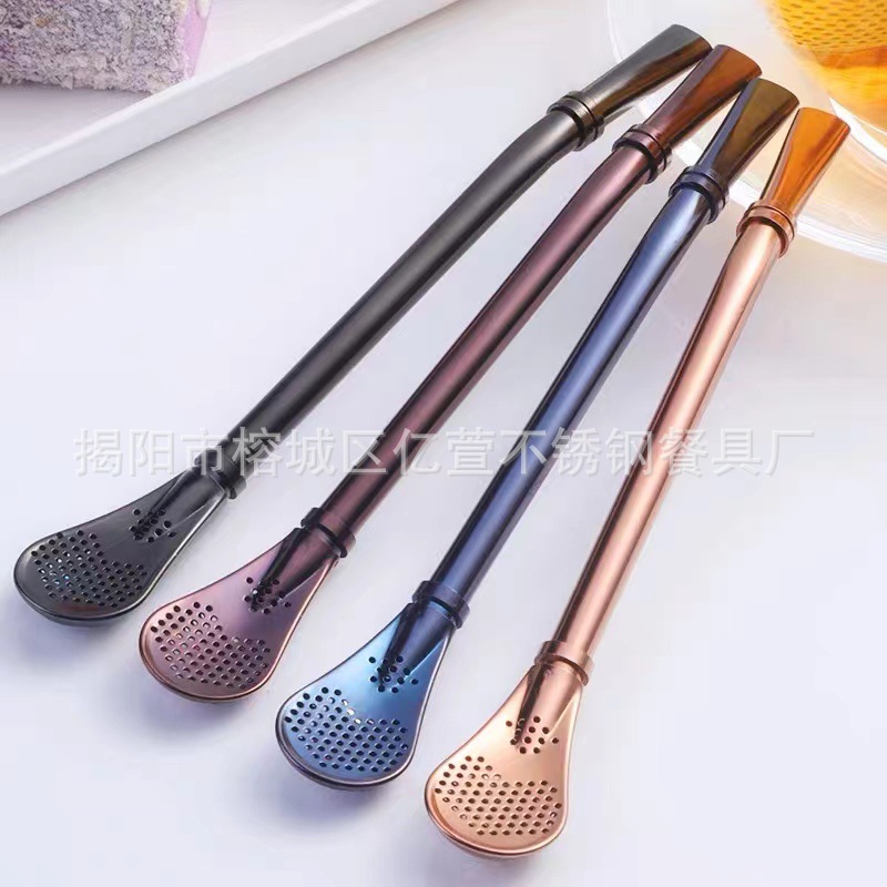 304 malla de acero inoxidable de té mate rojo cuchara de paja integrado creativo agitación de doble uso residuo de jugo perfumado Filtro de té