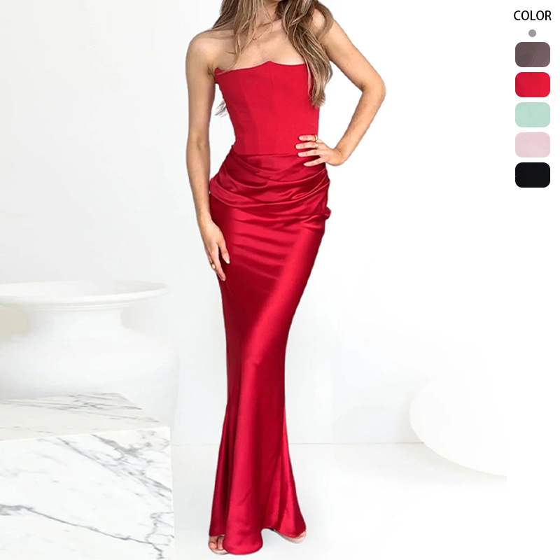 2026 New Cross-Border Red Strapless Corset Sexy Slim-Fit Mermaid Long Solid Color Dress for Women