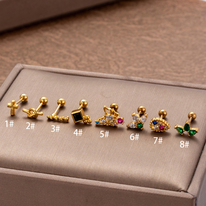 Pendientes de moda Henson con doble varilla roscada de acero inoxidable de 0,8" de grosor y cruz lisa con circonitas de colores._voghion.com