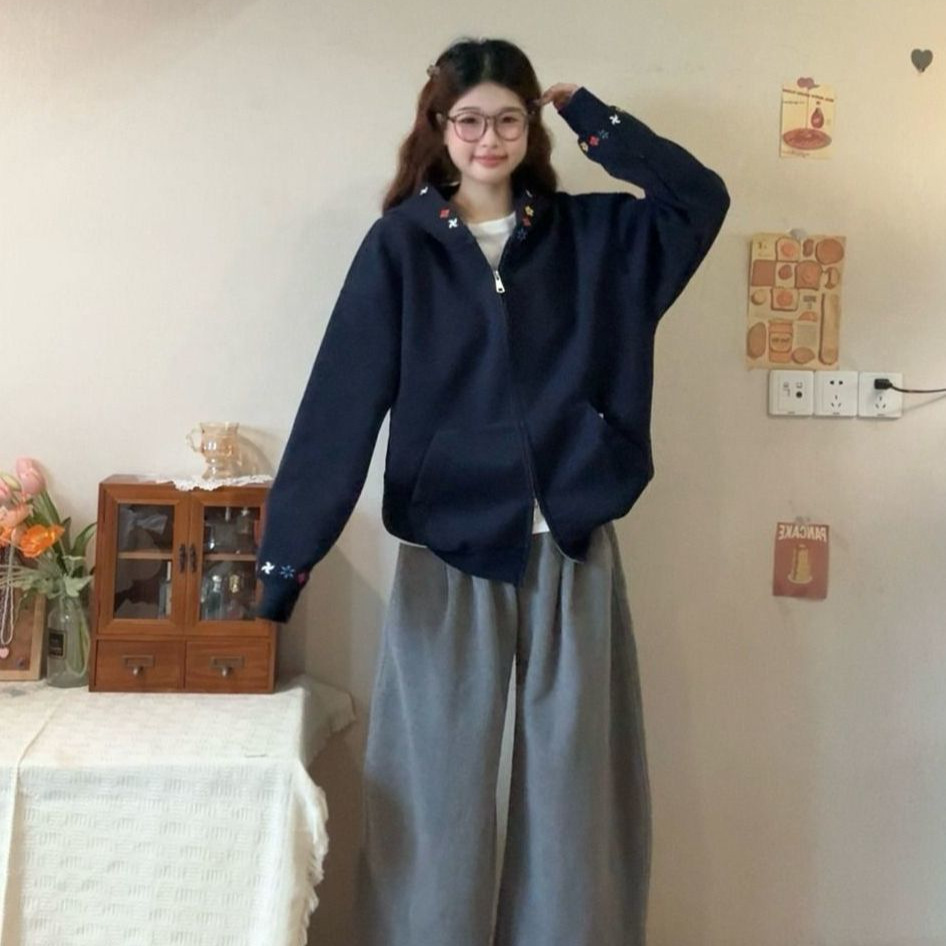 Korean Embroidered Navy Blue Double-Ended Zipper Sweatshirt Jacket for Women 2025 Autum New Loose Casual Long-Sleeved Top