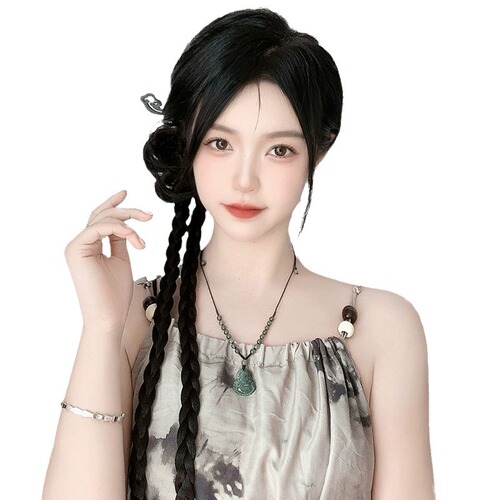 Wig braid ponytail for women new Chinese style two-strand braid Hanfu ancient style grab clip hair bag twist boxing braid ponytail