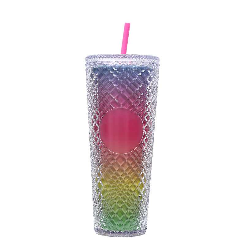 Cross-border new diamond cup simple diamond plaid transparent colorful gradient with straw double plastic cup pineapple cup