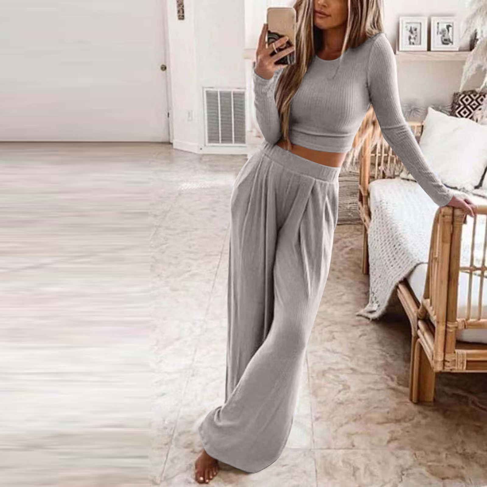 Women'S Gender Cotton Blend, Polyester Fabric Daily Women'S Fashion Solid Color Cotton Blend Polyester Patchwork Pant Co-ord Set Pants Sets