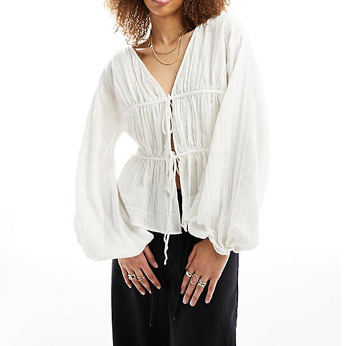 2024 Summer Women's Fashion Plicated Shoulders Long Sleeve Shirt