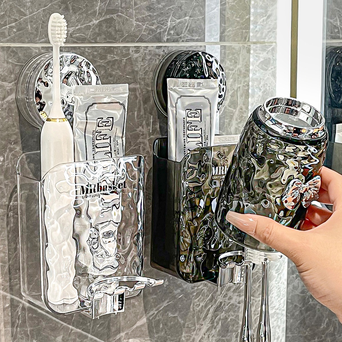 Estante de cepillo de dientes con ventosa sin perforación nueva taza de enjuague bucal montada en la pared taza de dientes de baño pasta de dientes estante de cepillo de dientes eléctrico