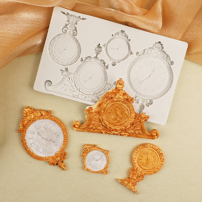 Reloj en relieve retro de estilo europeo, forma de reloj de péndulo, molde de silicona, reloj de bolsillo, chocolate, fondant, molde decorativo, piedra, plástico, pegamento