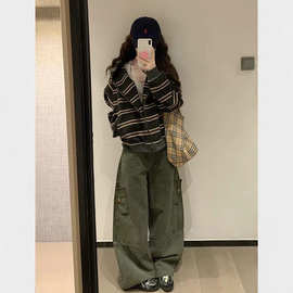 美式街头风2026秋冬女装慵懒风连帽条纹针织开衫卫衣拉链毛衣外套