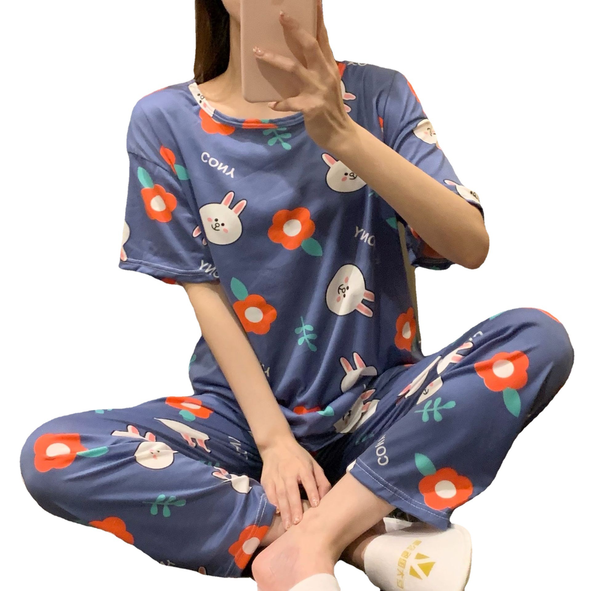 Pijamas primavera y otoño de las mujeres de verano Pantalones de manga corta más el tamaño flojo estilo coreano fresco lindo estudiante dulce traje de desgaste para el hogar