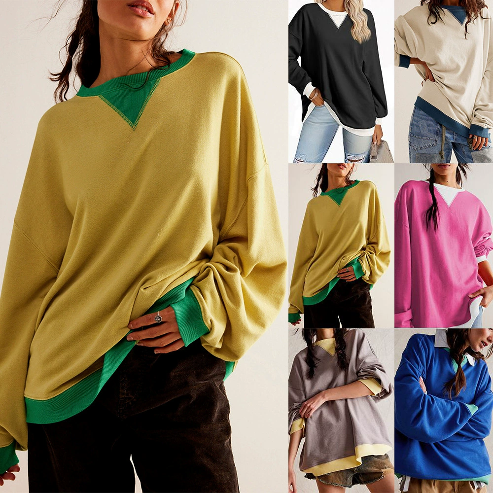 Amazon 2024 Европа и США трансграничная внешняя торговля осень-зима новый сплошной цвет круглый вырез вилка свободная толстовка свитер свитер женский