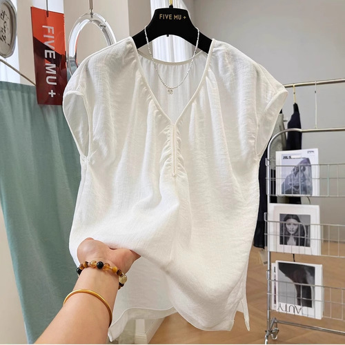 2025 summer new cotton linen short-sleeved V-neck loose temperament shirt top
