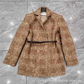 南油欧美2025冬季老钱风羊毛花呢格纹短外套女配腰带收腰气质大衣