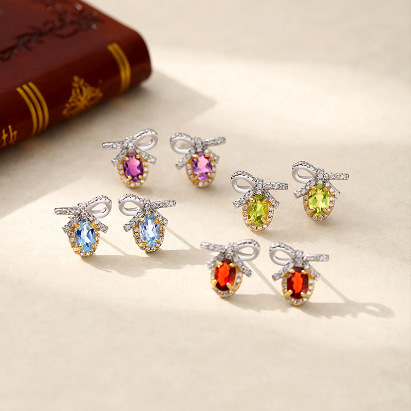 Pendientes de plata de ley S925 con lazo de lujo ligero de nicho, anillo de tesoro de color natural femenino, joyería de alta calidad, joyería que no se desvanece