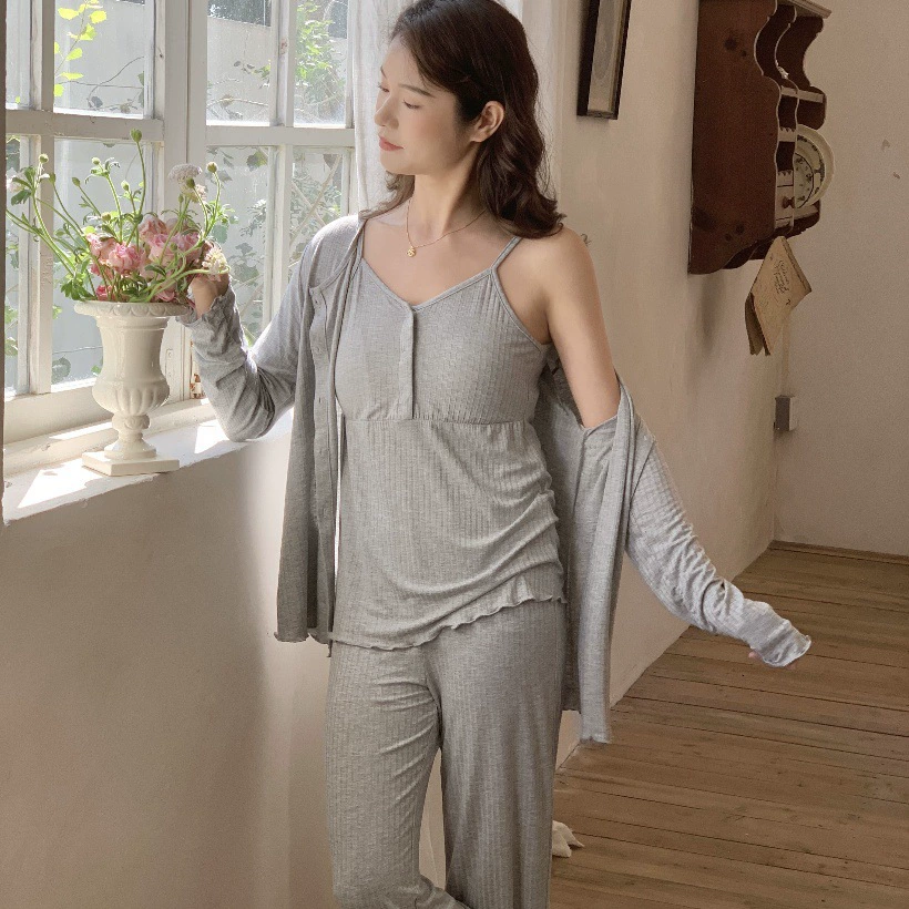 【В наличии 6187 с подушечками для груди】Тонкий комплект для беременных из модала на весну и лето, послеродовый, из трех предметов, для кормления, пижама для сна