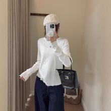 25秋季新款经典简约纯色中缝线木耳边长袖T恤女弹力修身百搭内搭