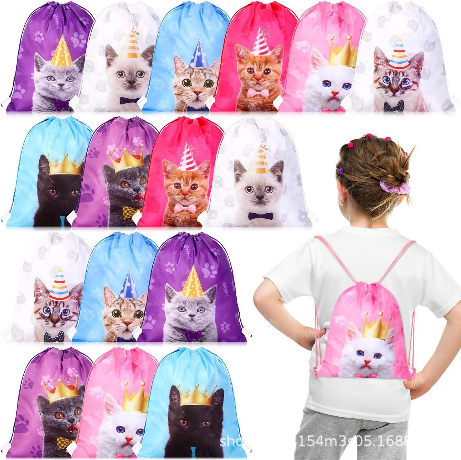 猫二双肩抽绳背包袋子卡通动物便携收纳袋涤纶手提抽绳袋束口袋