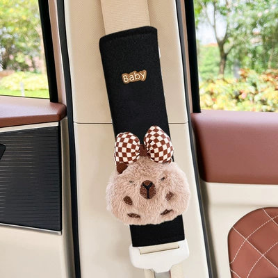 Seat belt shoulder pad, Doll Cartonica Pibala Car Seat - capybara-capibala-bow-black-ice-silk-shoulder-cover-1-pack