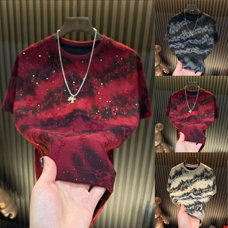 New Trendy Men's T-Shirt with Starry Sky Design, Ripped and Tie-Dyed Short Sleeves, Luxury Rhinestone Crew Neck Summer Top