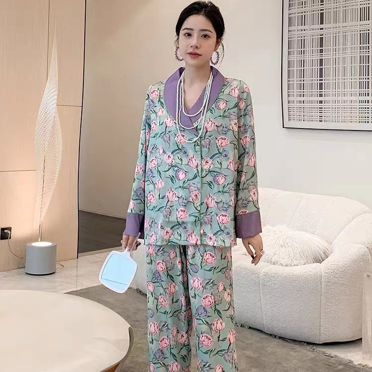 2023 새로운 잠옷 여자의 아이스 실크 긴 소매 가정 옷 세트 고급 실크 여자의 인쇄 잠옷 인터넷 인기있는 스타일